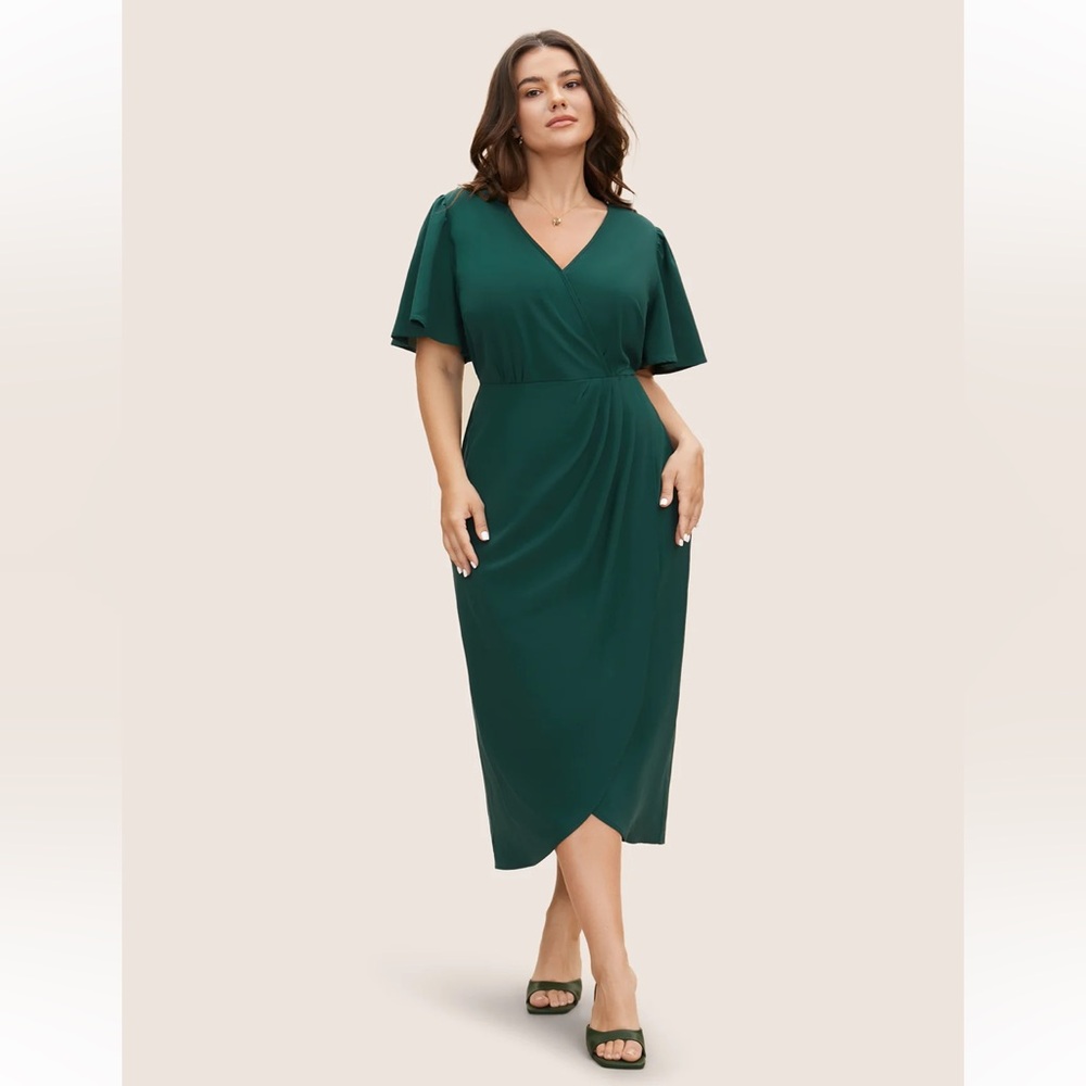 BloomChic Plain Ruffle Sleeve Plicated Detail Blue-Green Wrap Dress Size 14-16